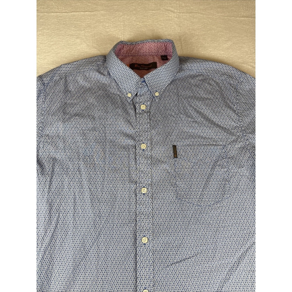 Ben Sherman Mens Button Shirt XL Blue Geometric Pattern Pocket Logo Cotton